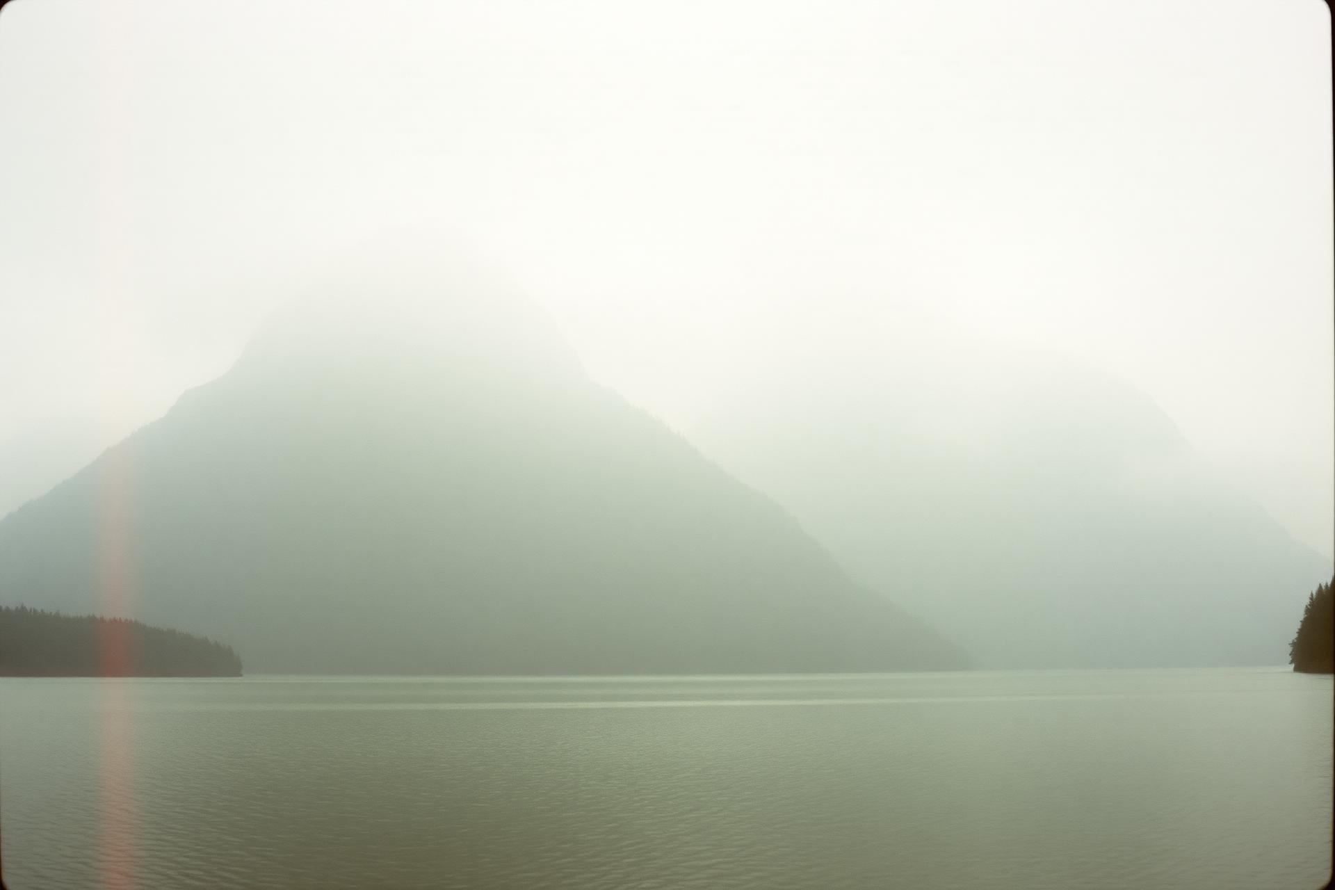 Montagne e lago avvolti dalla nebbia, estetica a pellicola
